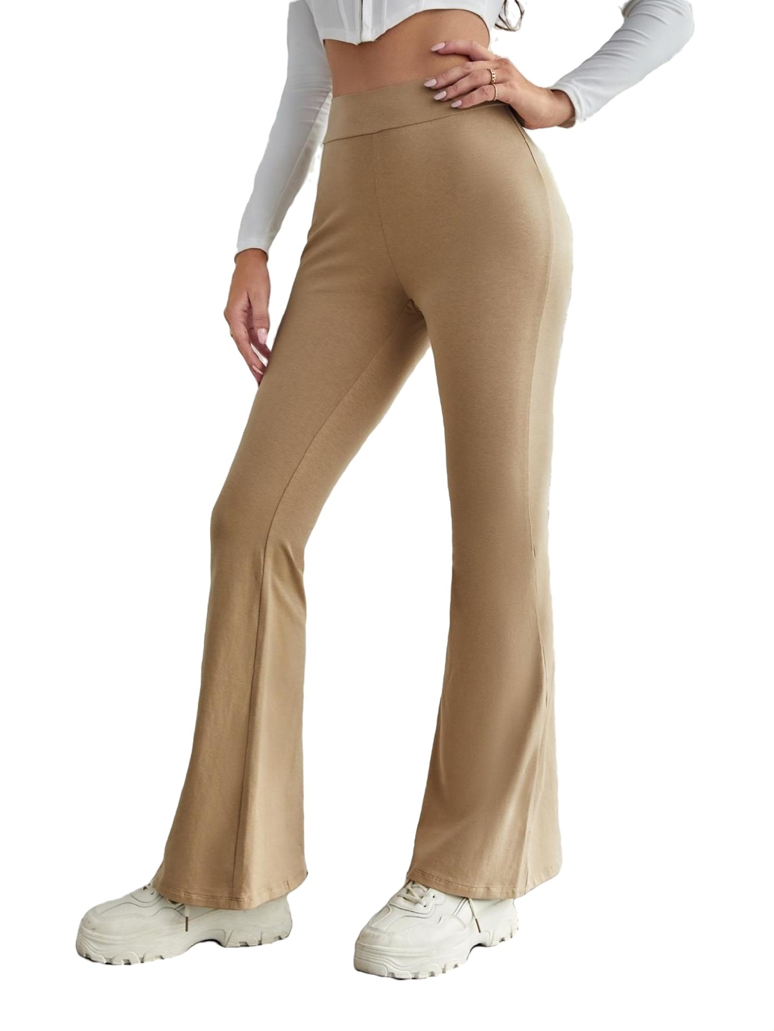 CasualPlain Flare Leg Khaki Women Pants (Women's)