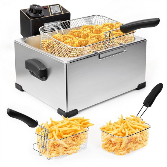 Suodoka Deep Fryer with Dual Baskets, 5.3QT Electric Fryer with Adjustable Temp & Timer, Nonstick Tank for Chicken & Fries