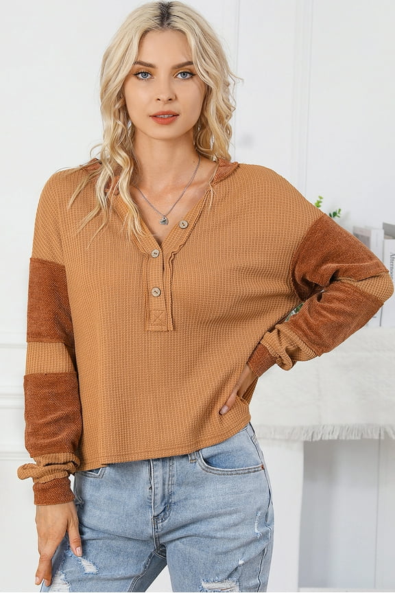 Boho Chic Henley Top - Soft Waffle Knit, Contrast Patches, Free Size