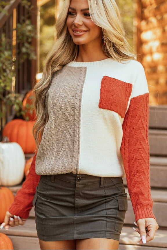 Bold Colorblock Sweater with Patched Pockets - Drop Shoulder Warmth!