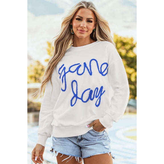 Casuashion Chic Game Day Graphic Drop Shoulder Sweatshirt - White, Sizes S-XL