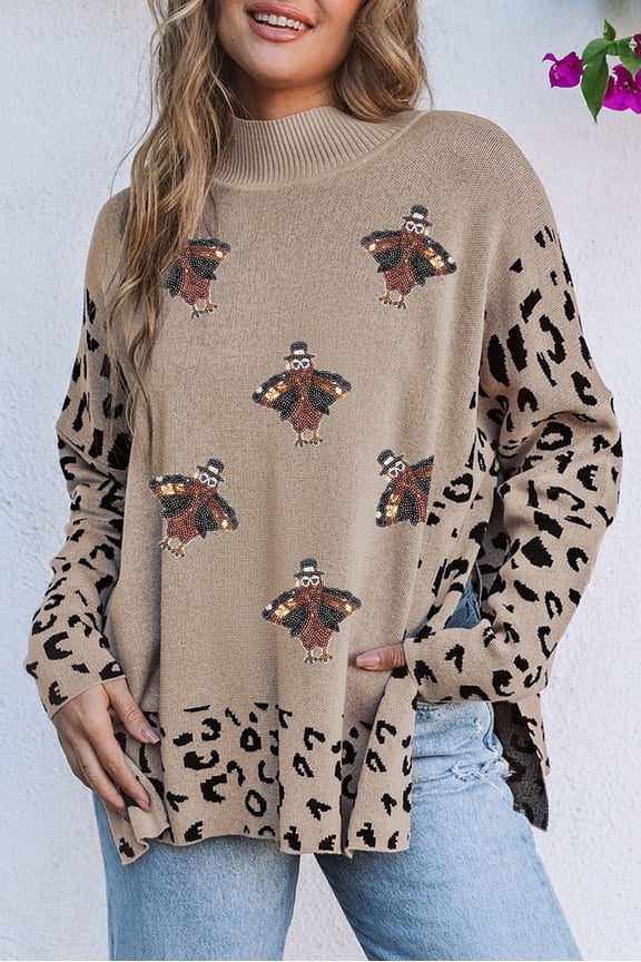 Chic Leopard Print High Neck Sweater - Sequin Detail, Perfect Holiday Look!