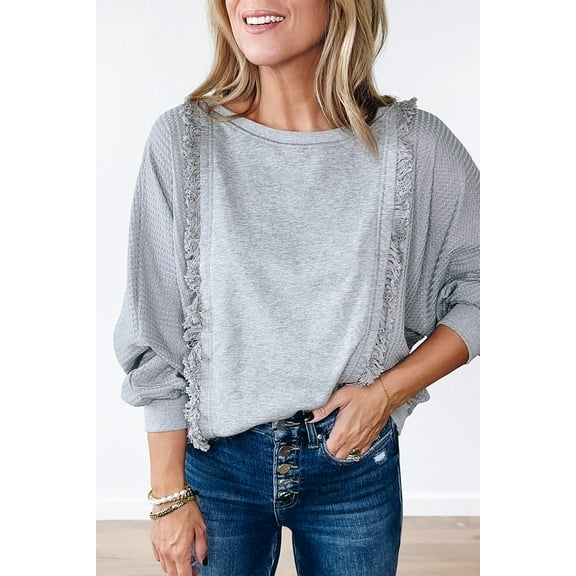 Casuashion Cozy Grey Waffle Knit Pullover - Stylish Patchwork, Tailored Fit!