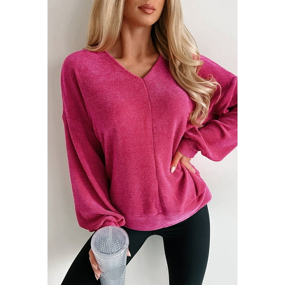 Casuashion Elegant Rose Red V-Neck Long Sleeve Top - Stylish & Comfortable Fit!