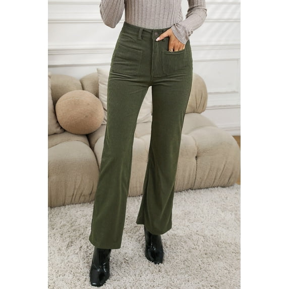 Casuashion Elevate Your Style with Vintage Green Corduroy Pants - High Waist, Square Pockets!