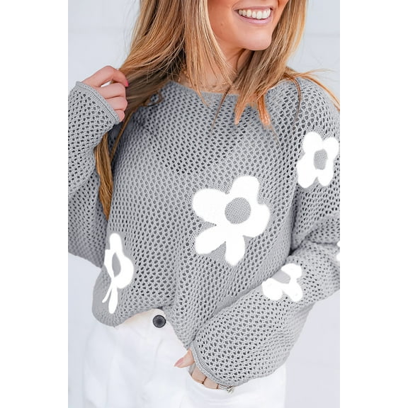 Casuashion Elevate Your Wardrobe with This Trendy Light Grey Floral Sweater - Perfect for Any Occasion!