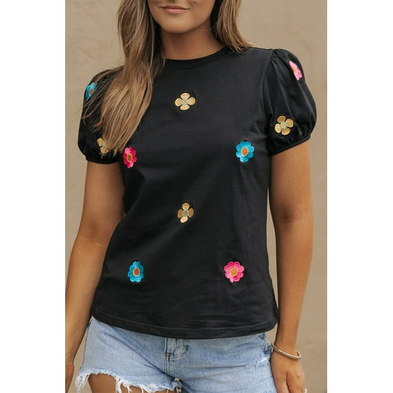 Casuashion Floral Embroidery Tee - Trendy Black Puff Sleeve for Women