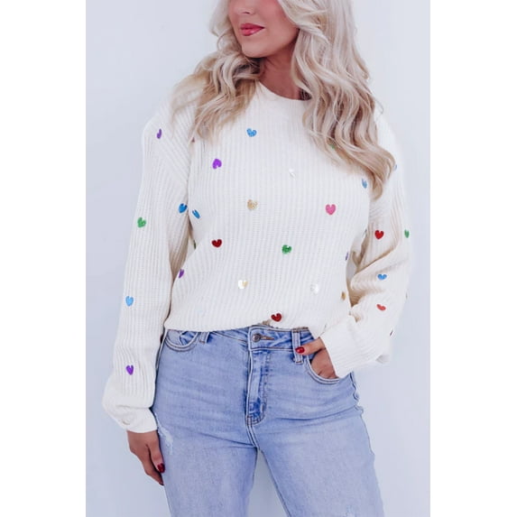 Casuashion Glamour Beige Sequin Heart Sweater - Effortless Style, Long Sleeve Elegance!