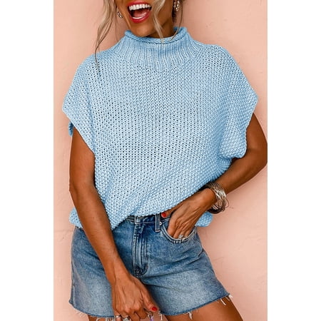 Casuashion Iceland Blue Knit Sweater - Fashionable Batwing Sleeves, High Neck, All-Day Elegance!