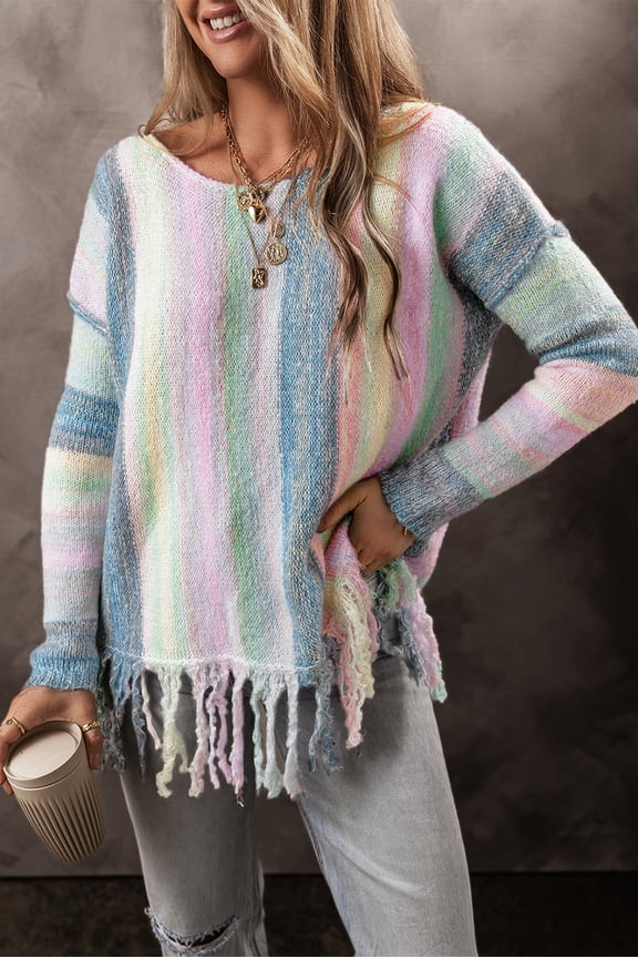 Ombre Fringe Tunic Sweater - Chic Purple Drop Shoulder, Easy Wear!