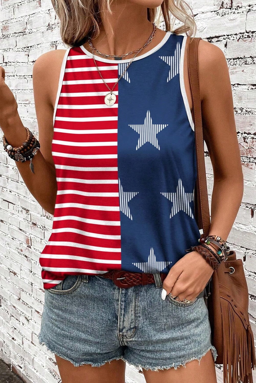 Heart US Flag Round Neck Grecian Neck Tank