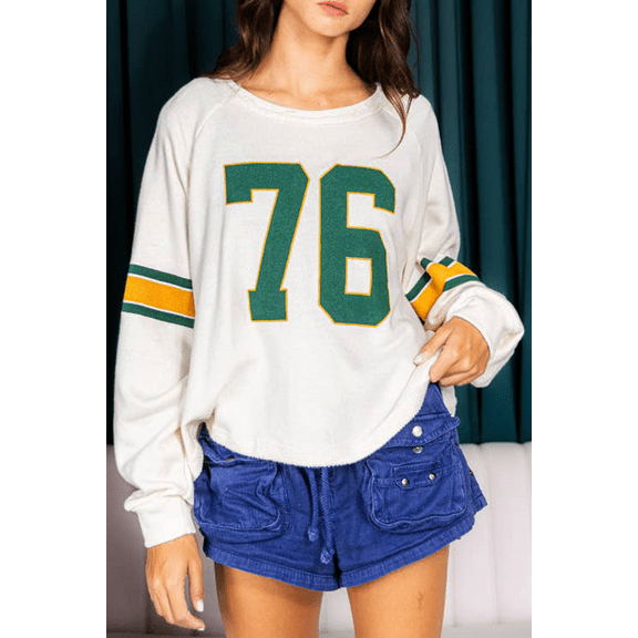 Casuashion Retro Vibes in White: Number 76 Print Sporty Long Sleeve Top - US Sizes S-XL