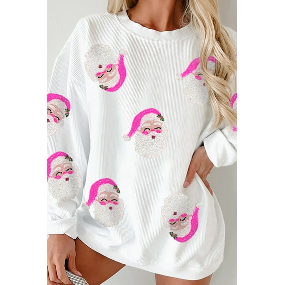 Casuashion Sparkle Santa Graphic Oversized Long-Sleeve Blouse - Fashionable Sequin Christmas Sweater