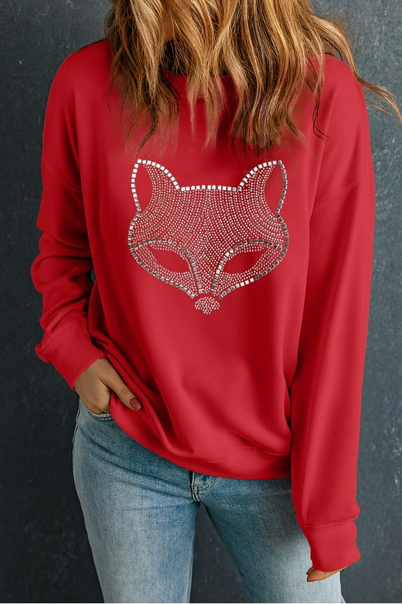 Sparkling Rhinestone Fox Pullover - Chic, Drop Shoulder Sweater for Daily Wear