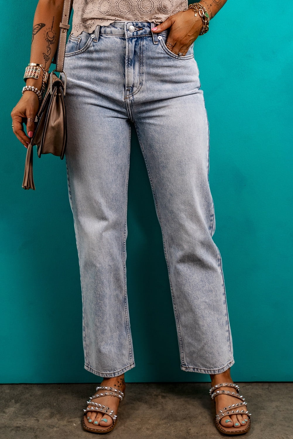 Beau Blue Floral Print Elastic Waist Pull On Casual Jeans
