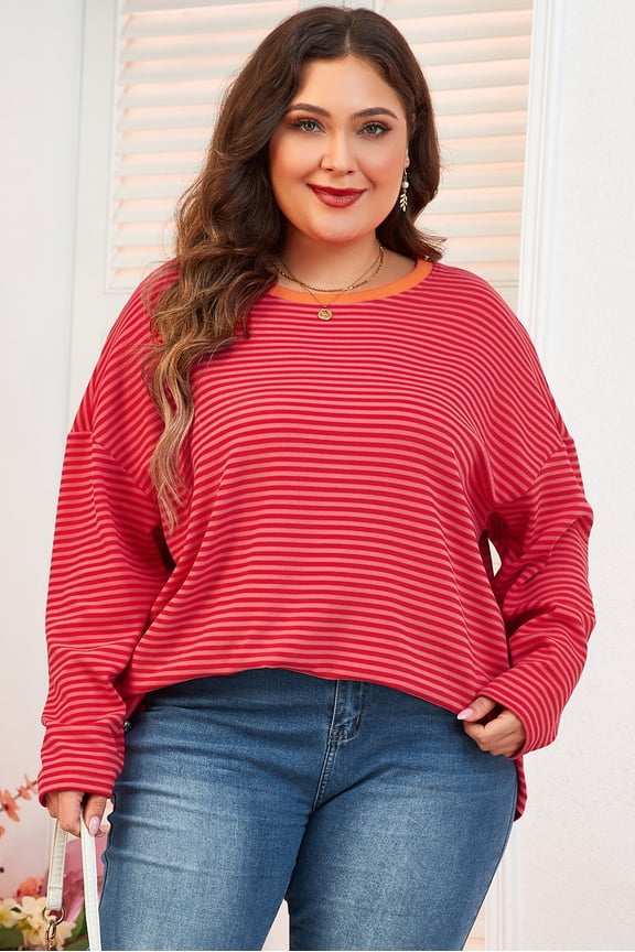 Vibrant Orange Stripe Drop Shoulder Top for Plus Sizes - Comfort & Style!