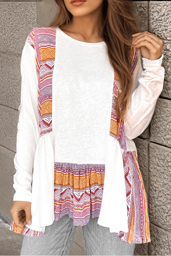 Vibrant White Aztec Print Ruffle Long Sleeve Tunic Top - Effortlessly Chic!