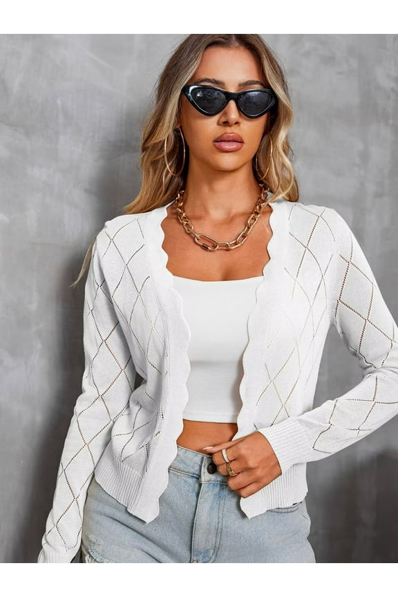 Women long sleeve Cropped Knit Sweater cardigans Open Front Hollow Out Argyle Plaid