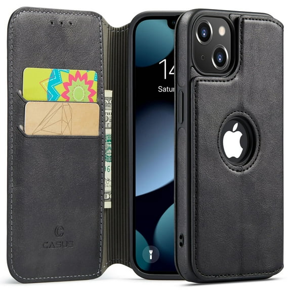 Casus Classic Wallet Case Leather Logo View Card Holder Cover for Apple iPhone 14 - Black