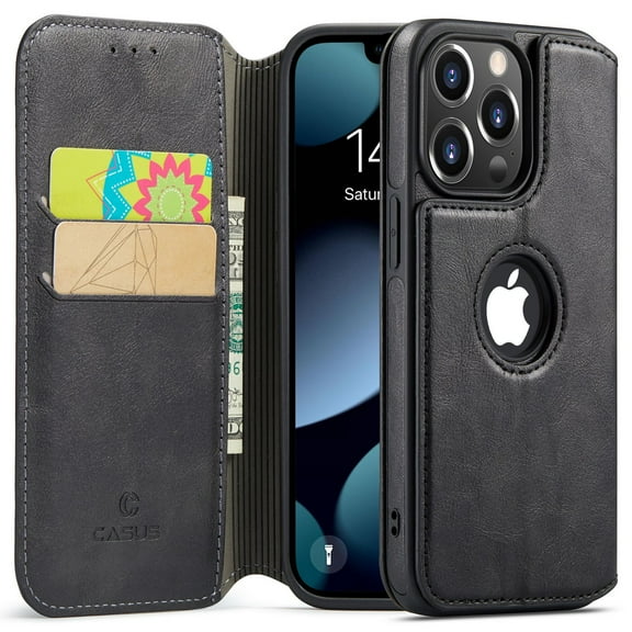 Casus Classic Wallet Case Leather Logo View Card Holder Cover for Apple iPhone 14 Pro Max - Black