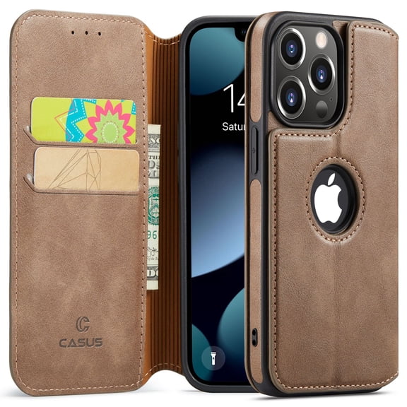 Casus Classic Wallet Case Leather Logo View Card Holder Cover for Apple iPhone 14 Pro - Slate
