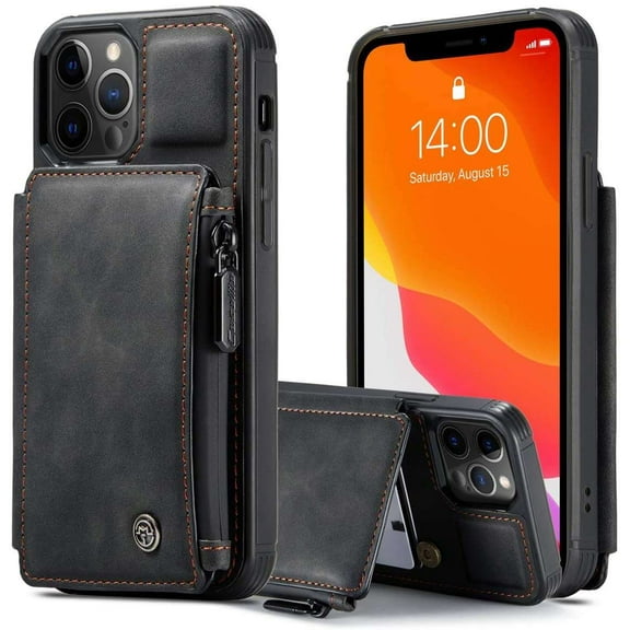 Casus Leather Wallet Back Zipper Magnetic Flip Cover Card Holder Case for iPhone 15 - Black