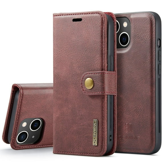 Casus Ming Removable Leather Wallet Phone Cover Card Holder Case for iPhone 14 - Burgundy