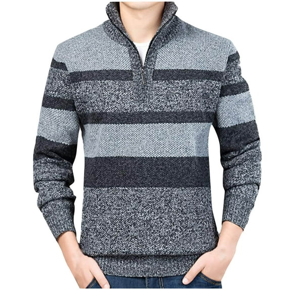 Casusal Sweater for Men Vintage Striped Knitted Sweatshirt Long Sleeve Quarter Zipper Pullover with Ribbing Edge Dark Gray XL