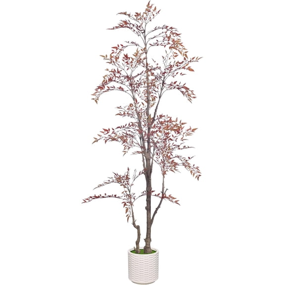 Casvik 6 Ft Artificial Nandina Bamboo Tree with Adjustable Branches & White Pot, Fake Red Fall Tree