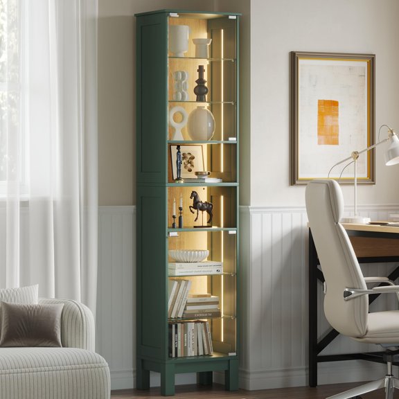 Casvik 71" Tall Glass Display Cabinet with LED Lights & Adjustable Shelves, Green+Oak