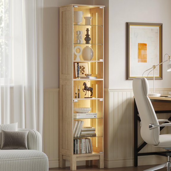 Casvik 71" Tall Glass Display Cabinet with LED Lights & Adjustable Shelves, Oak