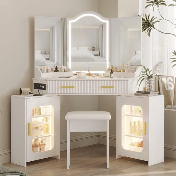 Casvik Corner Vanity Desk with LED Mirror, Makeup Vanity Table with Charging Station, Stool and Storage Cabinets, Modern Dressing Table Set, White