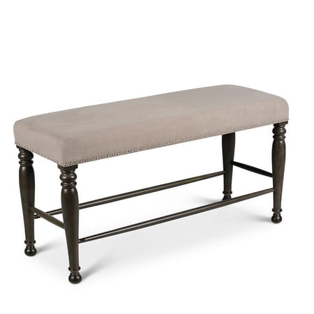 Caswell Distressed Harbor Gray Upholstered in Light stone fabric Counter Bench