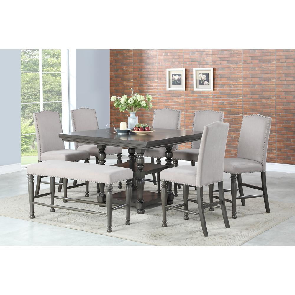 Harbor Gray Transitional Counter Stool with Nailhead Trim and Light Stone Fabric