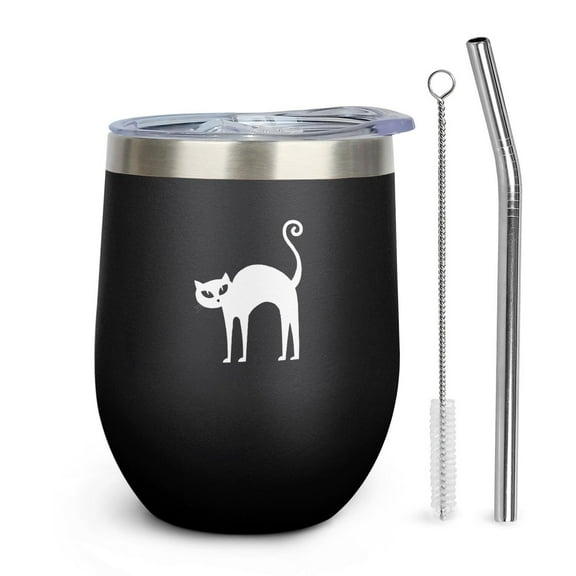 Cat 12oz Insulated Wine Tumbler with Lid and Straw – Double Wall Vacuum Mug Stainless Steel 304 Interior for Hot & Cold Drinks Coffee, Wine, Cocktails