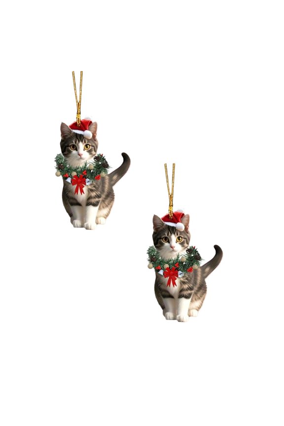 Cat 2D Acrylic Keychain A/ Christmas Ornament Cat Christmas Ornaments 2D Acrylic Cat Ornaments For Christmas Tree Xmas Cats Ornament With Wreath And Santa Hat Cute Decorative Pendant For Wall Door