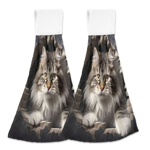 Cat 2pcs Bathroom Hanging Towels Velcro Soft Hand Towel Absorbent Tie Towels for Kitchen Toilet Tea Bar Washcloth