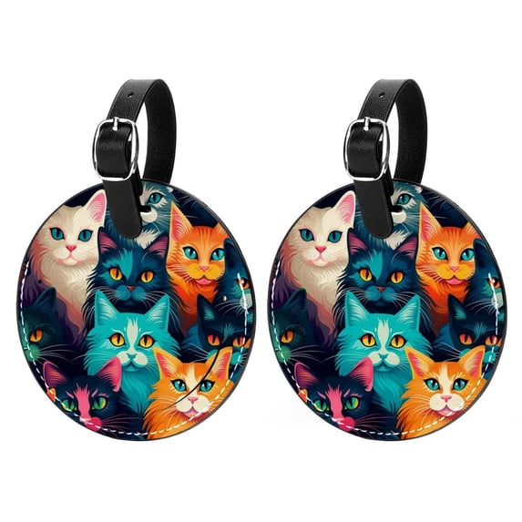 Cat 2pcs PU Leather Round Bag Tags Suitcase Handbag Tags with Privacy Cover and Name ID Tag for Travel Luggage, Handbags, Backpacks, School Bags