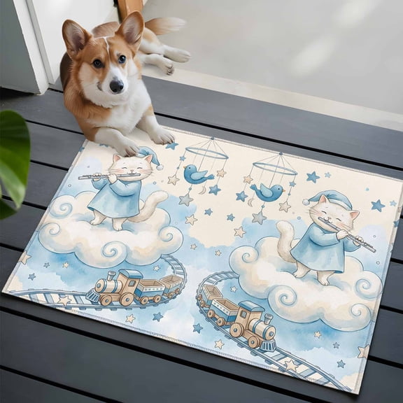 Cat 2x3 Area Rugs for Living Room, Cartoon Blue Hat Cat Cloud Train Track Bird Toys Yellow Non Slip Floor Mat Washable Low-Profile Indoor Carpet for Bedroom, Dining Room, Bathroom