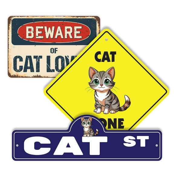 Cat (3 Pack) Large Plastic Street Sign Crossing Sign Warning Sign Vintage Rustic Beware Warning Xing Feline Animal Pet Cute Playful Kitten