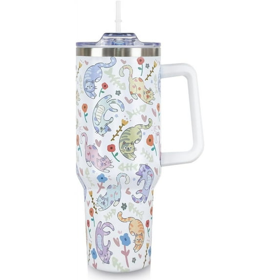 Cat 40 Oz Tumbler with Handle and Straw Cat Cup Travel Coffee Mug, Funny Cat Gifts for Cat Lovers Women, Cat Lover Gifts for Women, Cat Lover Gift for Cat Lover, Cute Cat Stuff Things Accessories