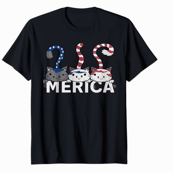 Cat 4th Of July American Flag Red White Blue Women Kids T-Shirt