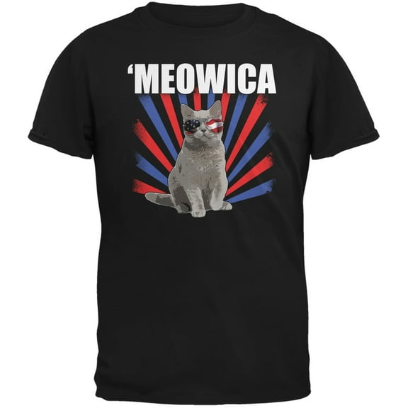 Cat 4th of July Meowica Black Adult T-Shirt - Large