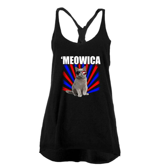 Cat 4th of July Meowica Juniors Twist Tank Top Black X-LG