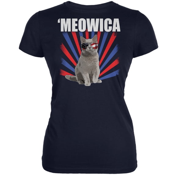 Cat 4th of July Meowica Navy Juniors Soft T-Shirt - Small