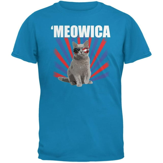 Cat 4th of July Meowica Sapphire Blue Adult T-Shirt - Medium