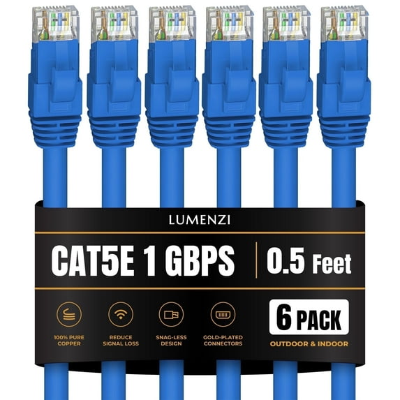 Cat 5e Ethernet Cable 0.5 FT in Blue 6 Pack UTP 1 Gbps Speed Network Short Round Direct Burial Bare Copper LAN Patch Cable for Router Gaming PS5 XBOX Printer Computer CCTV Camera Switch