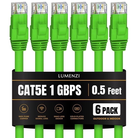 Cat 5e Ethernet Cable 0.5 FT in Green 6 Pack 1 Gbps Speed Network Short Round Rj45 Outdoor Indoor Direct Burial Bare Copper LAN Patch Cable for Router Gaming PS5 XBOX Printer Computer CCTV Switch