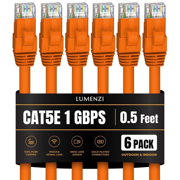 Cat 5e Ethernet Cable 0.5 FT in Orange 6 Pack 1 Gbps Speed Network Short Round Rj45 Outdoor Indoor Direct Burial Bare Copper LAN Patch Cable for Router Gaming PS5 XBOX Printer Computer CCTV Switch