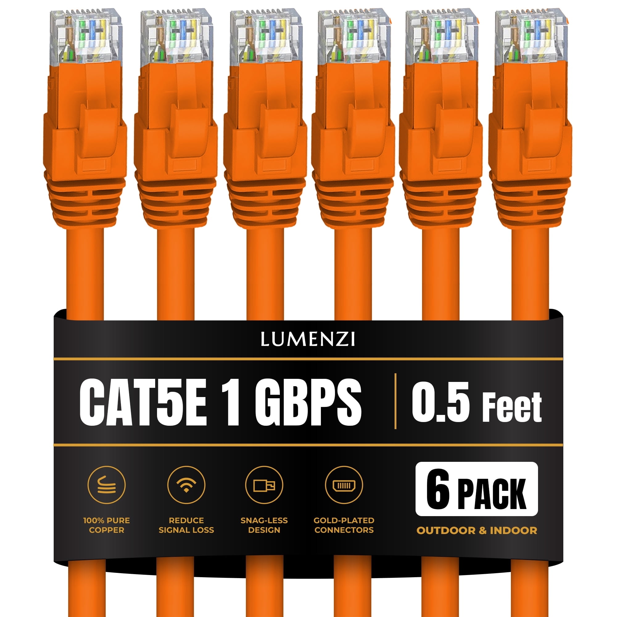 Cat 5e Cable 0.5 FT in Orange 6 Pack 1 Gbps Speed Network
